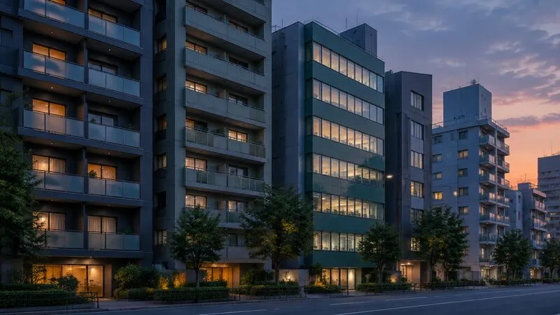 夕暮れの街並みに並ぶ中層のマンションとオフィスビルの外観